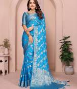 Blue georgette Art silk blend saree with weaving zari work