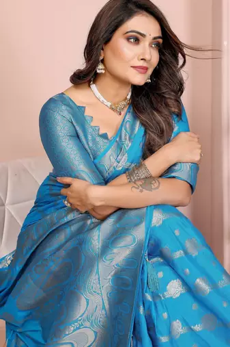 Blue georgette Art silk blend saree with weaving zari work