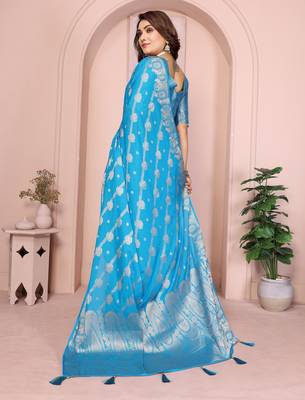 Blue georgette Art silk blend saree with weaving zari work 3
