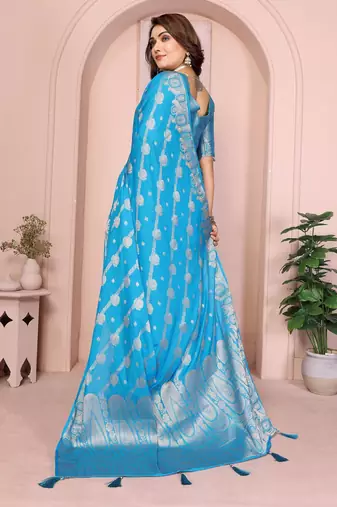Blue georgette Art silk blend saree with weaving zari work