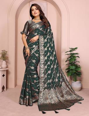 Dark green georgette Art silk blend saree with weaving zari work 1