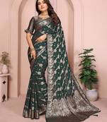 Dark green georgette Art silk blend saree with weaving zari work
