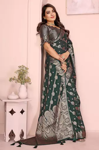 Dark green georgette Art silk blend saree with weaving zari work