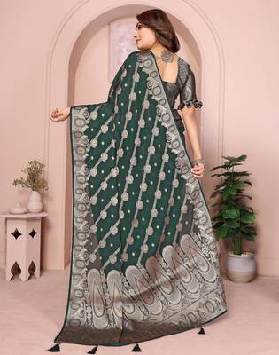 Dark green georgette Art silk blend saree with weaving zari work 3