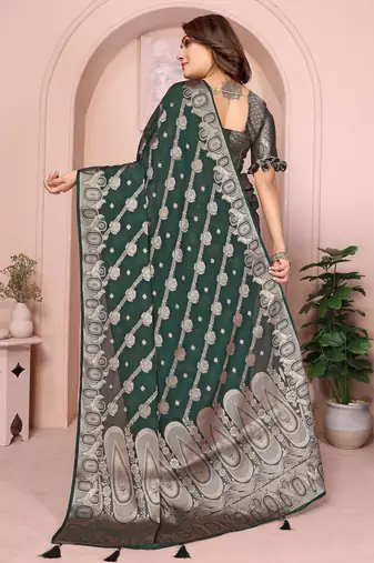 Dark green georgette Art silk blend saree with weaving zari work