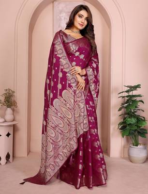 Maroon georgette Art silk blend saree with weaving zari work 2