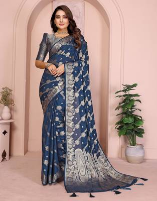 Navy georgette Art silk blend saree with weaving zari work 1