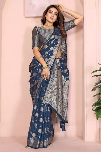 Navy georgette Art silk blend saree with weaving zari work