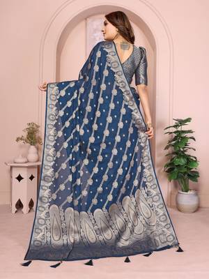 Navy georgette Art silk blend saree with weaving zari work 3