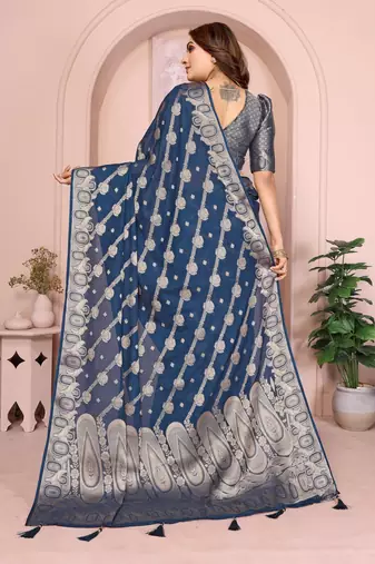 Navy georgette Art silk blend saree with weaving zari work