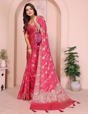 Red georgette Art silk blend saree with weaving zari work 2