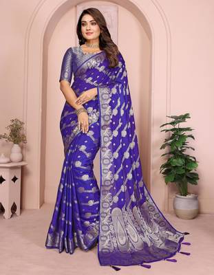 Violet georgette Art silk blend saree with weaving zari work 1