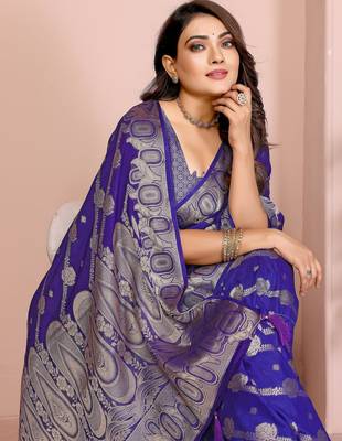 Violet georgette Art silk blend saree with weaving zari work 2