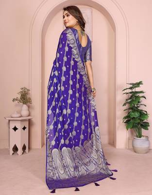Violet georgette Art silk blend saree with weaving zari work 3