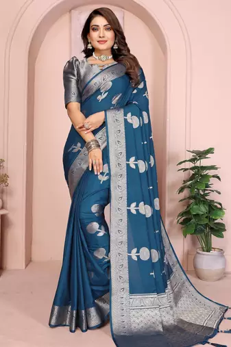 Teal georgette Art Silk saree with weaving zari work