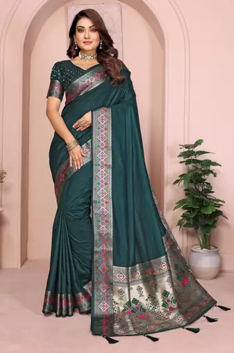 Dark green gala Art Silk saree with zari gold weaving work