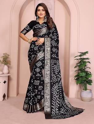 Black bandhej Art silk blend saree with zari weaving work 1