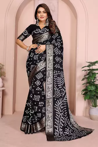 Black bandhej Art silk blend saree with zari weaving work