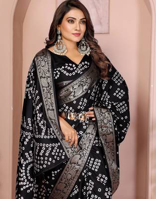Black bandhej Art silk blend saree with zari weaving work 2