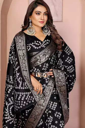 Black bandhej Art silk blend saree with zari weaving work
