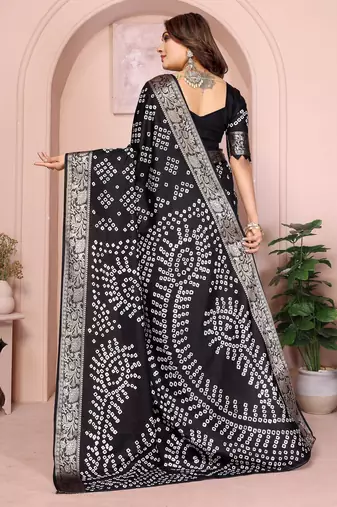 Black bandhej Art silk blend saree with zari weaving work