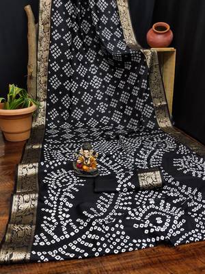 Black bandhej Art silk blend saree with zari weaving work 4