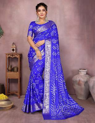 Blue bandhej Art silk blend saree with zari weaving work 1