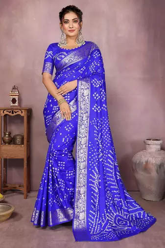Blue bandhej Art silk blend saree with zari weaving work