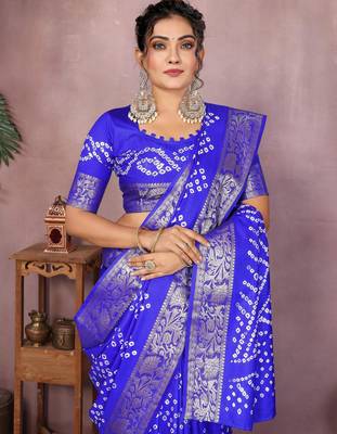 Blue bandhej Art silk blend saree with zari weaving work 2