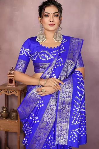 Blue bandhej Art silk blend saree with zari weaving work