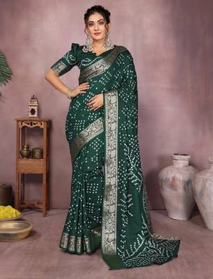 Dark green bandhej Art silk blend saree with zari weaving work 1
