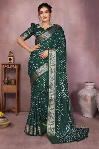 Dark green bandhej Art silk blend saree with zari weaving work