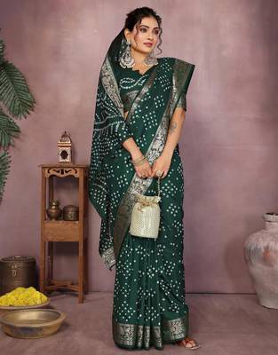 Dark green bandhej Art silk blend saree with zari weaving work 2