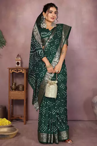 Dark green bandhej Art silk blend saree with zari weaving work