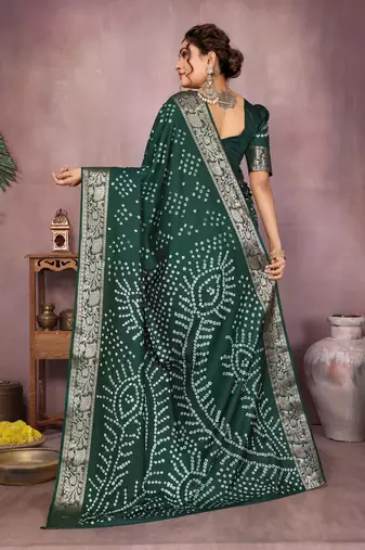 Dark green bandhej Art silk blend saree with zari weaving work