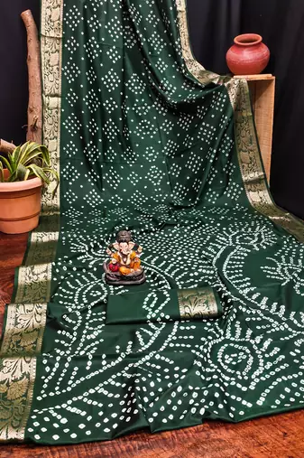 Dark green bandhej Art silk blend saree with zari weaving work