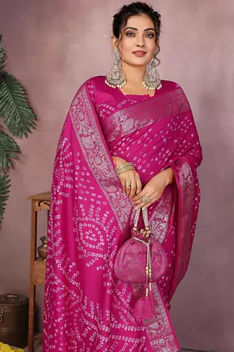 Magenta bandhej Art silk blend saree with zari weaving work