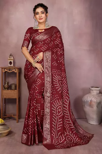 Maroon pure bandhej Art Silk saree with zari weaving work