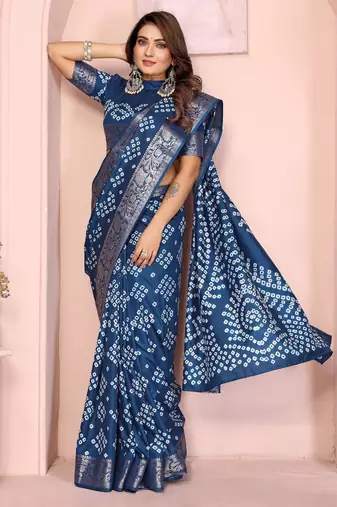 Navy bandhej Art silk blend saree with zari weaving work