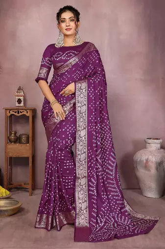 Purple pure bandhej Art Silk saree with zari weaving work
