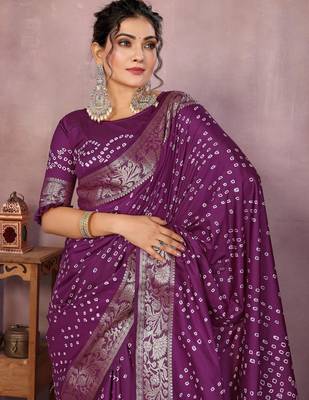 Purple bandhej Art silk blend saree with zari weaving work 2