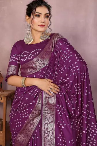 Purple bandhej Art silk blend saree with zari weaving work