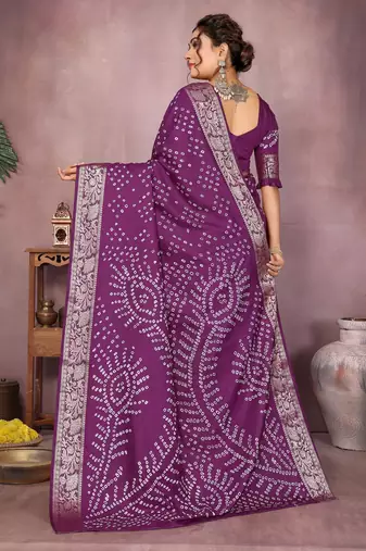 Purple bandhej Art silk blend saree with zari weaving work