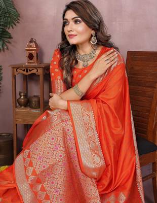 Orange gala Art silk blend saree with zari gold weaving work 2
