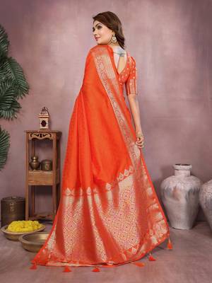 Orange gala Art silk blend saree with zari gold weaving work 3