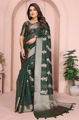 Dark green soft organza banarasi Art Silk saree with zari weaving work