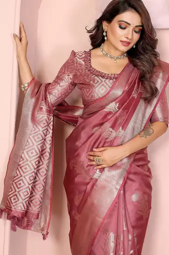 Peach soft organza banarasi Art Silk saree with zari weaving work