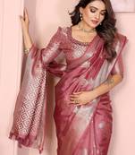 Peach soft organza banarasi Art silk blend saree with zari weaving work