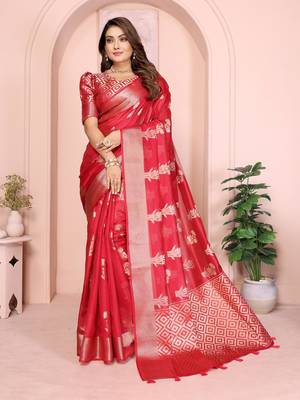 Red soft organza banarasi Art silk blend saree with zari weaving work 1
