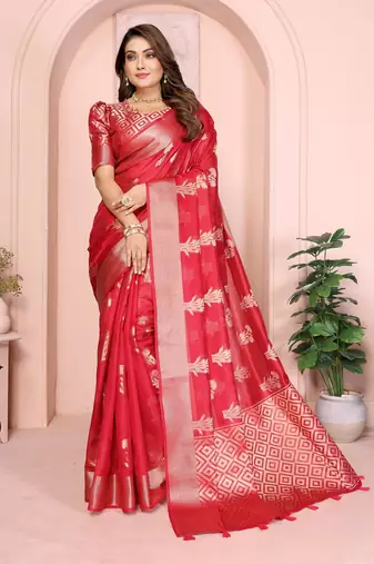 Red soft organza banarasi Art Silk saree with zari weaving work